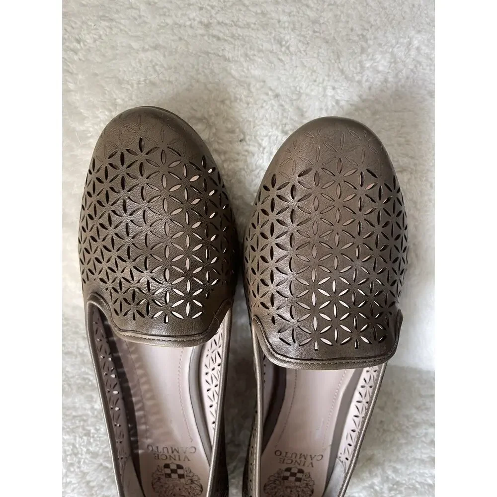 Vince Camuto Lancer Taupe Leather Perforated Smoking Flats Loafers Women's 9.5 B